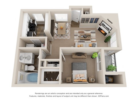 Floor plan for 1 bed, 1 bath, 805 sqft
